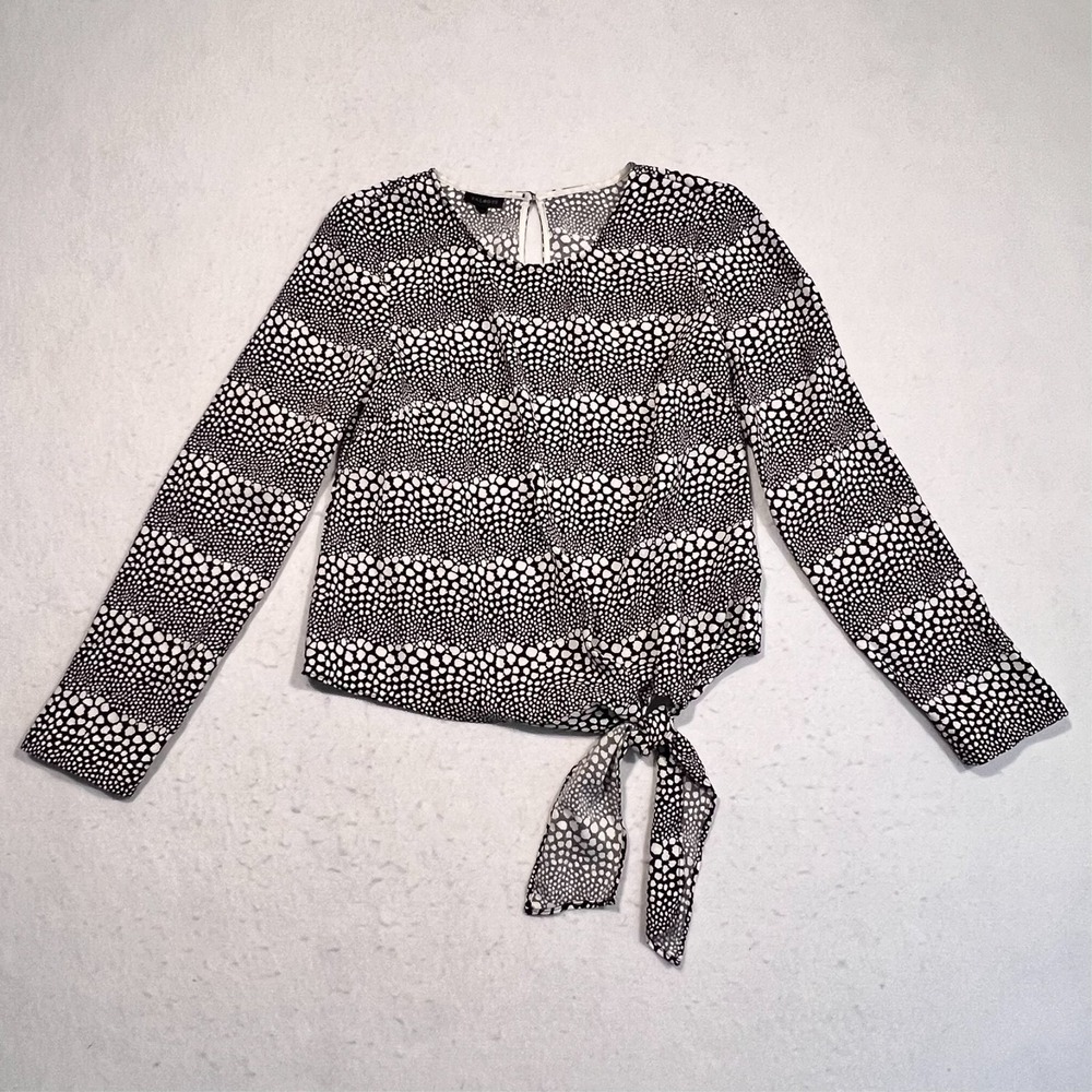 Talbots Blouse Women XS Black White Pebble Dot Print Side Tie Hem Long Sleeve